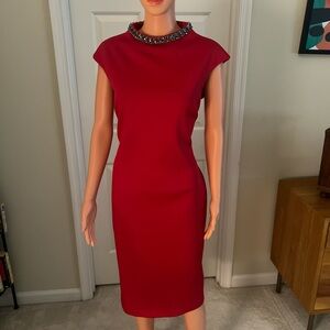 Ted Baker Red Midi Dress with Embellished Neckline